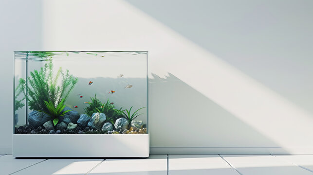 Clear water tank for fish stands on white wall