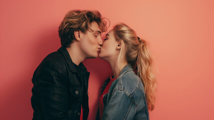 A young man and woman are captured in a passionate embrace, sharing a tender kiss against a vibrant pink backdrop.