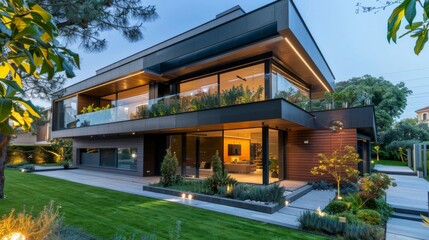 Fototapeta premium Discover a contemporary home design emphasizing privacy and security This architectural masterpiece blends modern aesthetics with functional features, ensuring comfort and peace of mind