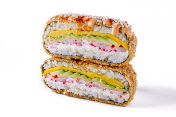 Asian sushi burger, soy sauce, chopsticks on a white background. Fashionable hybrid food.1