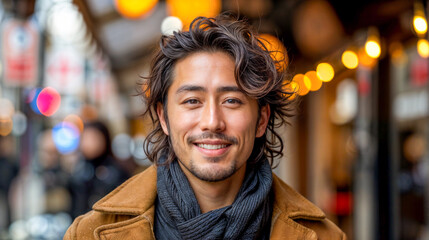 Fototapeta premium A man with a beard and long hair is smiling in front of a blurry background. He is wearing a brown coat and a black scarf