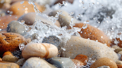 The Mesmerizing Dance of Water Flowing and Jumping Over Rocks and Pebbles with Ocean Water Drops Creating a Symphony in the Background
