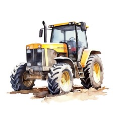 Obraz premium Cute yellow tractor watercolor illustration, animals and farm clipart