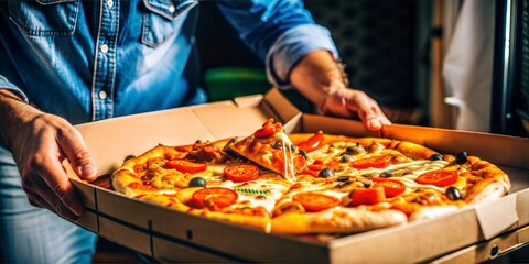 A man holds an open box in his hands with fresh pizza.