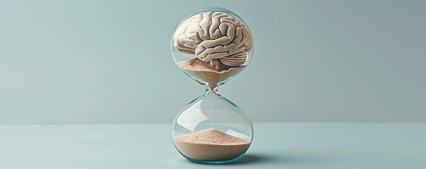 An hourglass filled with sand and a human brain slowly descending as time passes, representing the gradual onset of memory loss and the aging of the brain. This evocative image underscores the