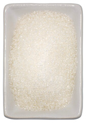 Sugar in a white rectangular plate png. Top view. Isolated on transparent background