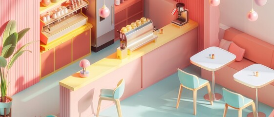 Bright and modern cafe interior with pastel decorations, featuring cozy seating and a well-lit countertop area.
