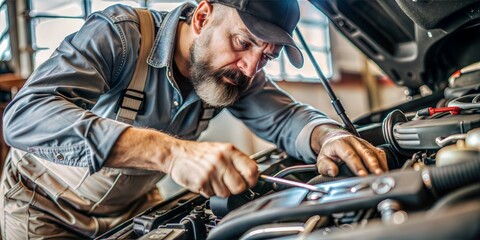 A car mechanic repairs a car in a car repair shop.