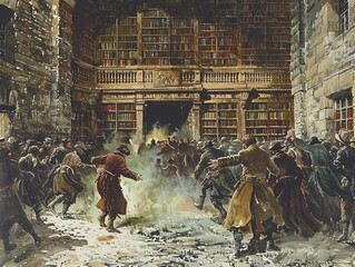 A historical painting depicting a chaotic scene in a library.