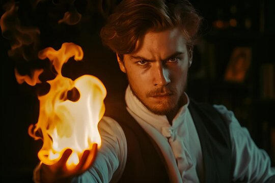 Young man with intense expression, conjuring a mystical fireball in a dark, atmospheric setting. Concept of magic, power, and supernatural abilities.