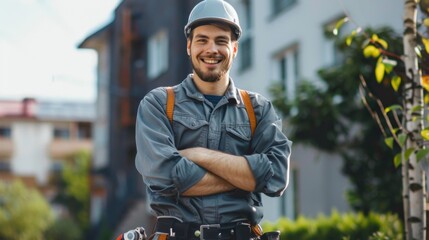 portrait of a smiling Caucasian electrician or Internet network installer in uniform with a tool near the customer's house