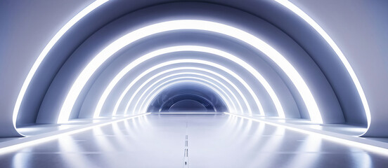 Obraz premium White background 3D room light abstract space technology tunnel stage floor. Empty white future 3D neon background studio futuristic corridor render modern interior silver road black wall design gray