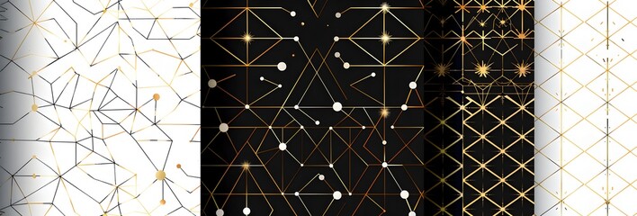 set of three seamless patterns in white, black and gold featuring an elegant geometric pattern with thin lines on each one
