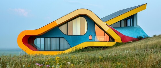 Modern, colorful house with unique architecture set in a natural landscape, featuring curved lines and vibrant exterior design.
