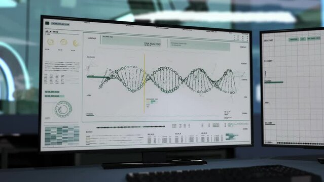 Diagnostic laboratory. Big computer with keyboard. Bioinformatics program on a bright screen. Advanced DNA analysis tool. Doctor is performing a protein sequencing and identification.