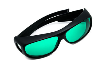 Product of black sports sunglasses with beautiful blue lenses on isolated white background. Cool...