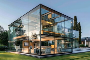 A modern glass house with a lawn and trees