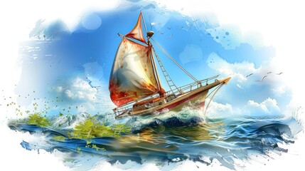 Colorful nautical scene in a watercolor image, featuring a wooden ship with many masts, waves crashing, and seagulls flying around.