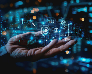 Hand touching a virtual icon holographic digital interface with a futuristic business backdrop