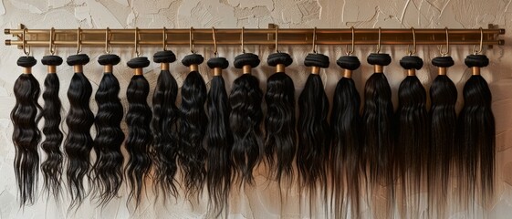 Various styles of black hair extensions hung on a wall rack, showcasing different textures from wavy to straight.