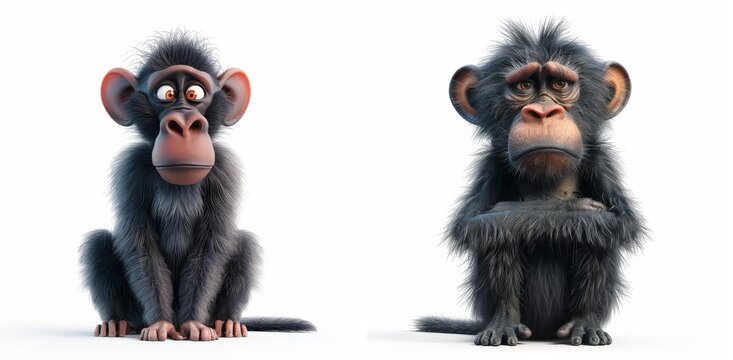 Two animated chimpanzees with expressive faces, one sitting calmly and the other looking serious, both , isolated on white background