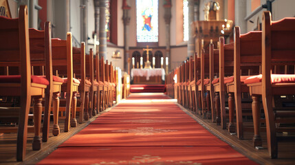 interior of a catholic church with red wood chairs and tables