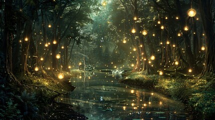 Naklejka premium Mysterious forest at night bathed in a surreal glow from radiant orbs and shimmering lights floating among towering trees, with a serene creek reflecting the sparkling lights and adding a tranquil