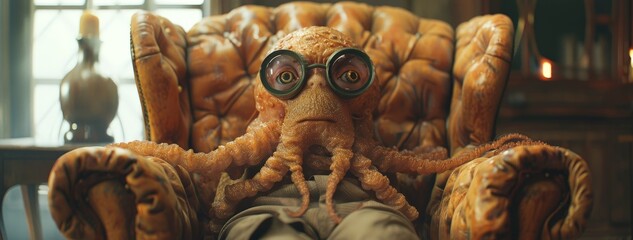 Whimsical octopus wearing glasses relaxes in vintage armchair with a cozy room ambiance.