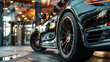 The back of the front wheel of a black-colored car