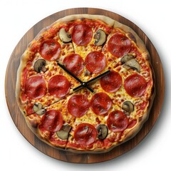 top view of clock made on pizza on white background