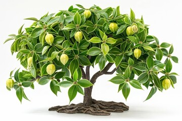 A realistic indoor star anise tree, detailed fruit and leaves, isolated on white background