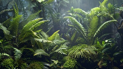 Misty garden scene with lush green moss and ferns, their vivid fronds glistening with moisture, creating a vibrant, fresh environment where the mist swirls softly among the dense foliage, enhancing