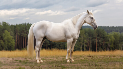 Obraz premium White horse standing in open field with forest background under cloudy sky. Elegant and majestic animal in natural landscape