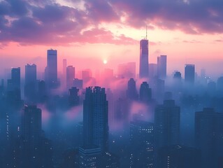 Fototapeta premium Towering Skyscrapers Reaching for the Sky in a Dramatic Cityscape Sunset