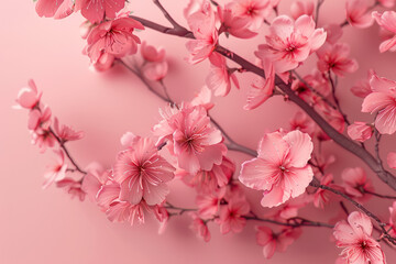Fototapeta premium A delicate cherry blossom branch with pink flowers against a soft pink background