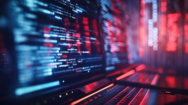 Laptop on desk with red and blue glow and programming code visible on the screen. The concept of internet security, preventing cyber attacks and protecting personal information 