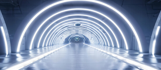 Fototapeta premium White background 3D room light abstract space technology tunnel stage floor. Empty white future 3D neon background studio futuristic corridor render modern interior silver road black wall design gray