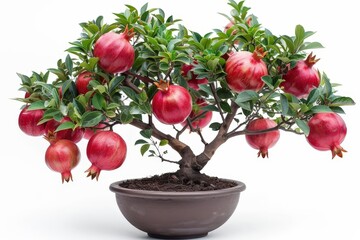 A realistic indoor dwarf pomegranate tree, detailed fruit and foliage, isolated on white background