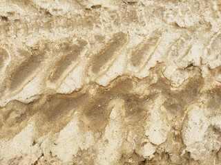Traces from a tractor, car on the sand texture closeup. Tire tracks