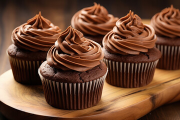 Close-up of four chocolate cupcakes with swirls of chocolate frosting on a wooden board