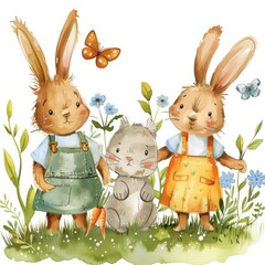 Cute bunnies with carrots, colorful flowers, and butterflies in a lovely summer meadow watercolor art.
