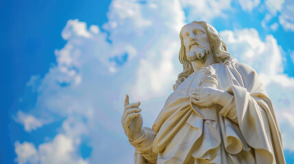 Fototapeta premium Statue of Jesus Christ on blue sky background with copy space.