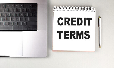 CREDIT TERMS text on notebook with laptop and pen