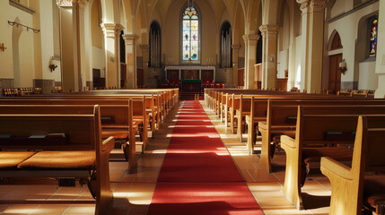 Fototapeta premium Interior of a church with red carpet and chairs in the foreground
