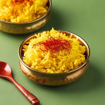 Saffron rice on green background