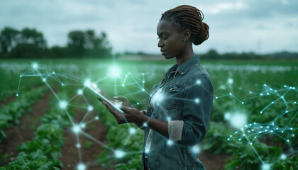 Female Farmer Using Tablet in Field with Network Overlay. Precision Agriculture and Artificial Intelligence Technology.