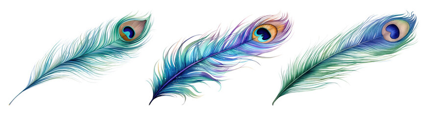 Obraz premium watercolor of peacock feather illustration set