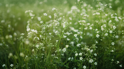 A close-up view of a field of small, white flowers with green stems and leaves