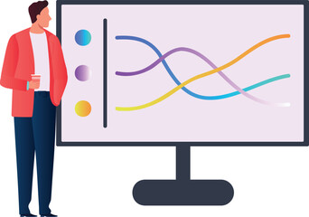 A boy is looking at a line graph on a screen.