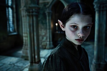 Mysterious child with dark eyes in dimly lit room